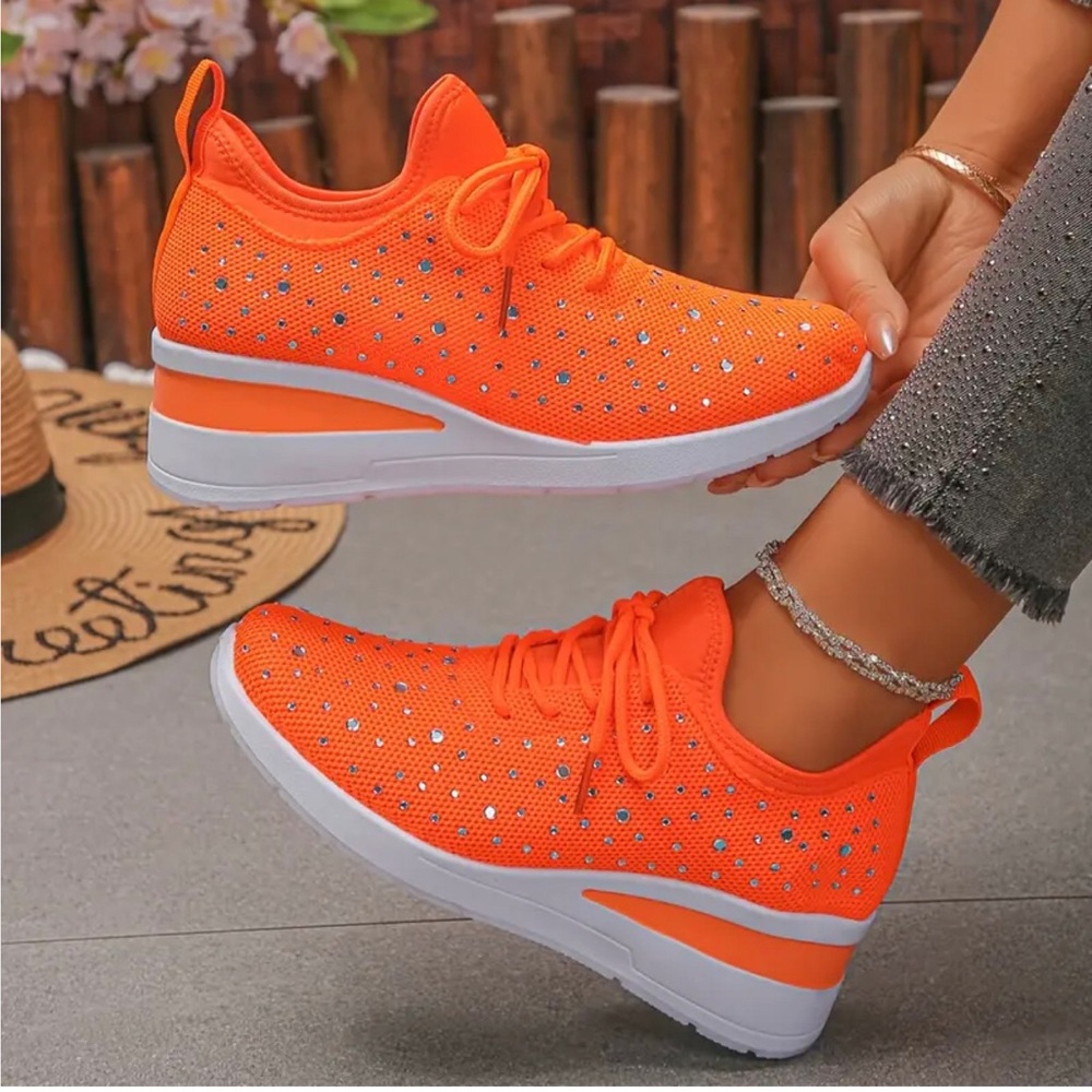 Women's Fluorescent Orange Knit Rhinestones Lightweight Sneakers